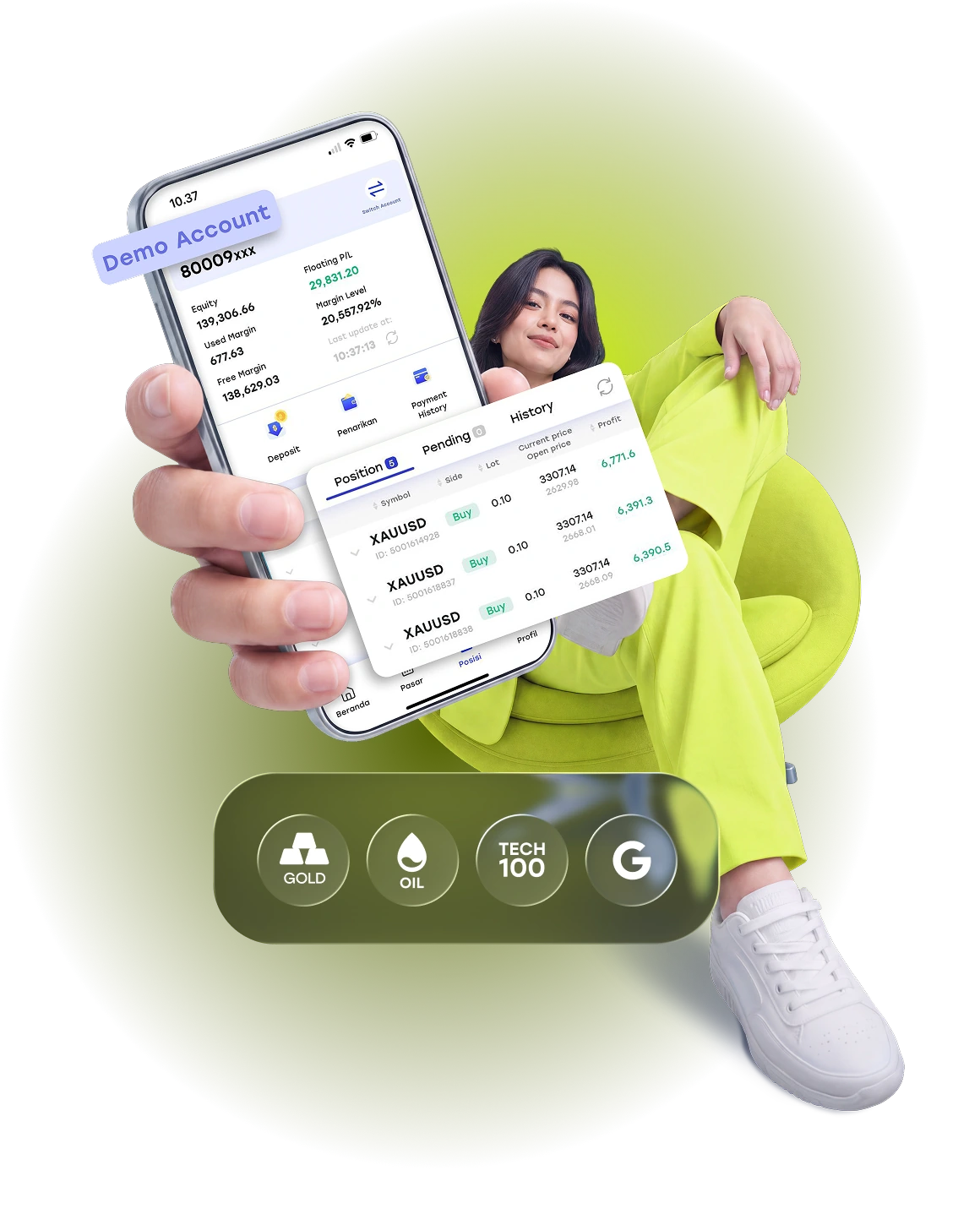 Akun demo HSB ditampilkan pada aplikasi trading bersama pilihan produk emas, minyak, Tech 100, dan saham