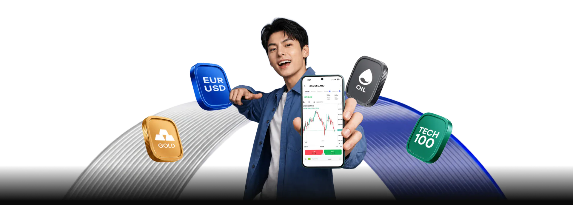 Trader memperlihatkan aplikasi HSB dengan pilihan EUR/USD, emas, minyak, dan Tech 100