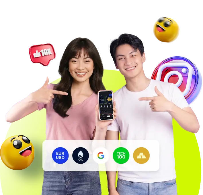 Pria dan wanita menunjukkan aplikasi trading HSB Investasi untuk program influencer