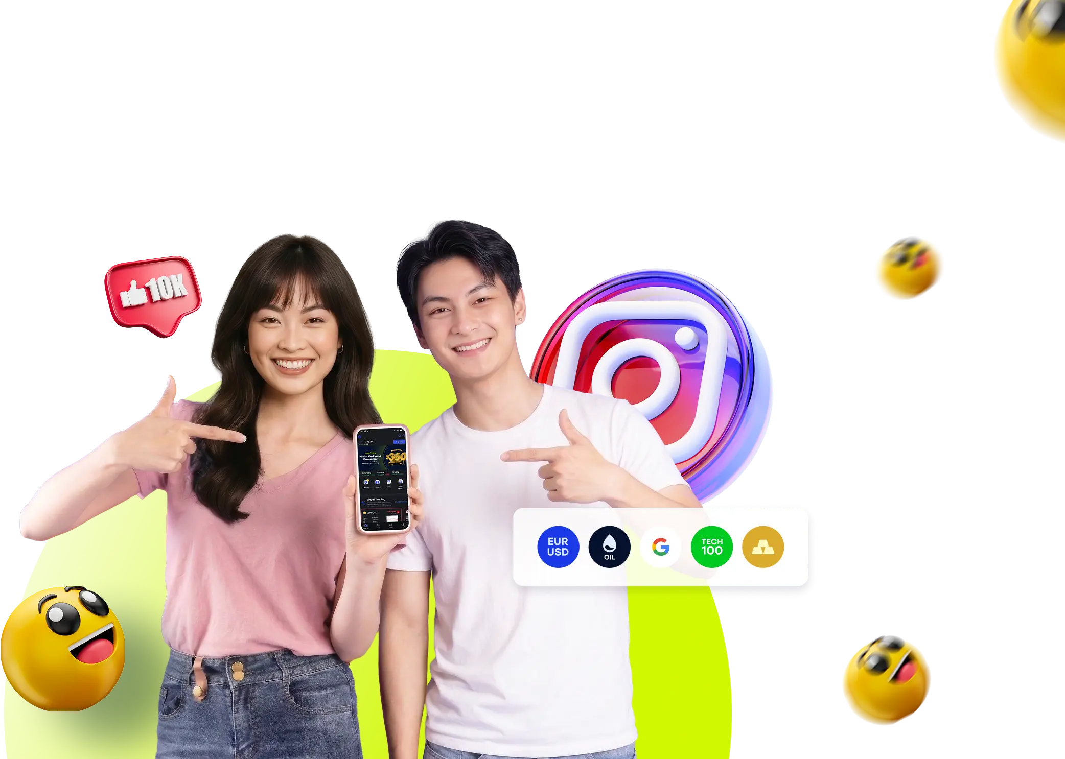 Pria dan wanita menunjukkan aplikasi trading HSB Investasi untuk program influencer