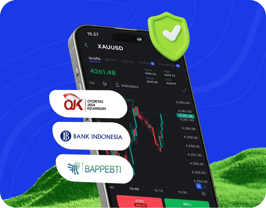 Layar smartphone menampilkan aplikasi trading HSB dengan logo regulasi BAPPEBTI dan Bank Indonesia